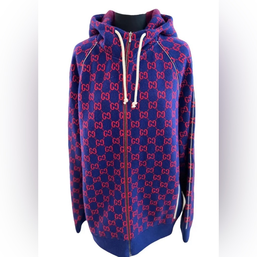 Gucci cashmere sweater size L full zip long sleeve with hood blue and red